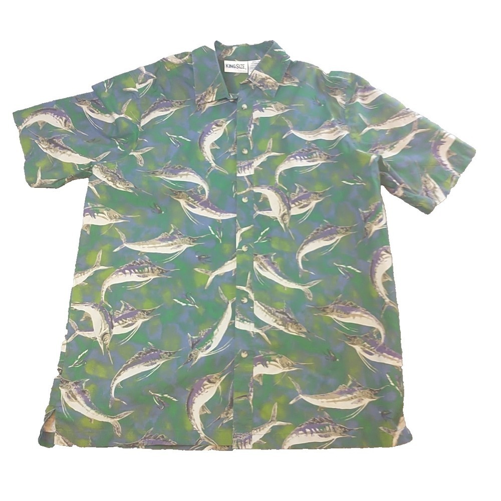 KingSize Mens XL Marlin Fishing Print Short Sleeve Button Down Shirt Green Blue